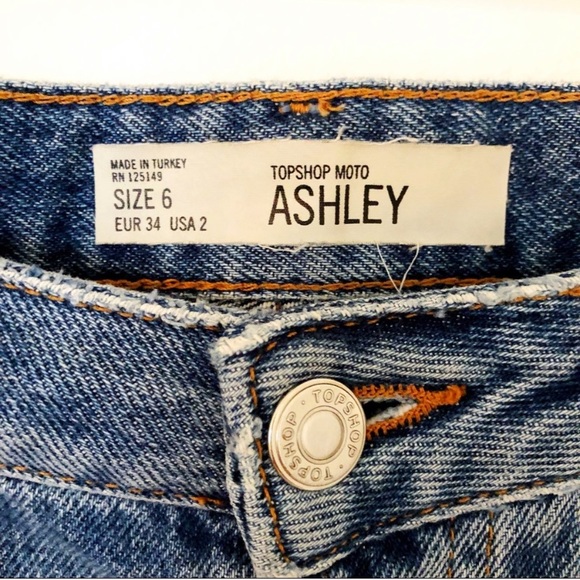 Topshop Ashley Ripped Boyfriend Button Up High Waisted Blue Shorts Holes Raw Hem - Picture 10 of 15